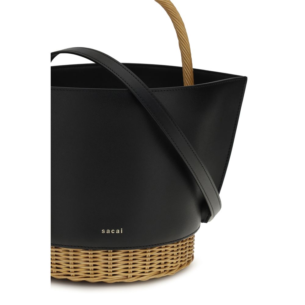 2026 New Arrival Sacai Black Calf Leather Bos Taurus Shoulder Bag