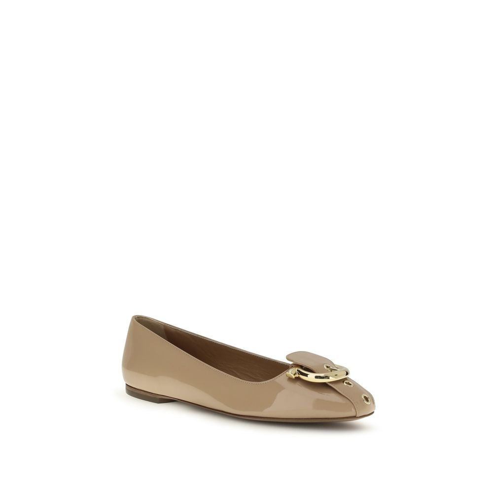 2026 New Arrival Ferragamo Beige Calf Leather Bos Taurus Ballet Flats