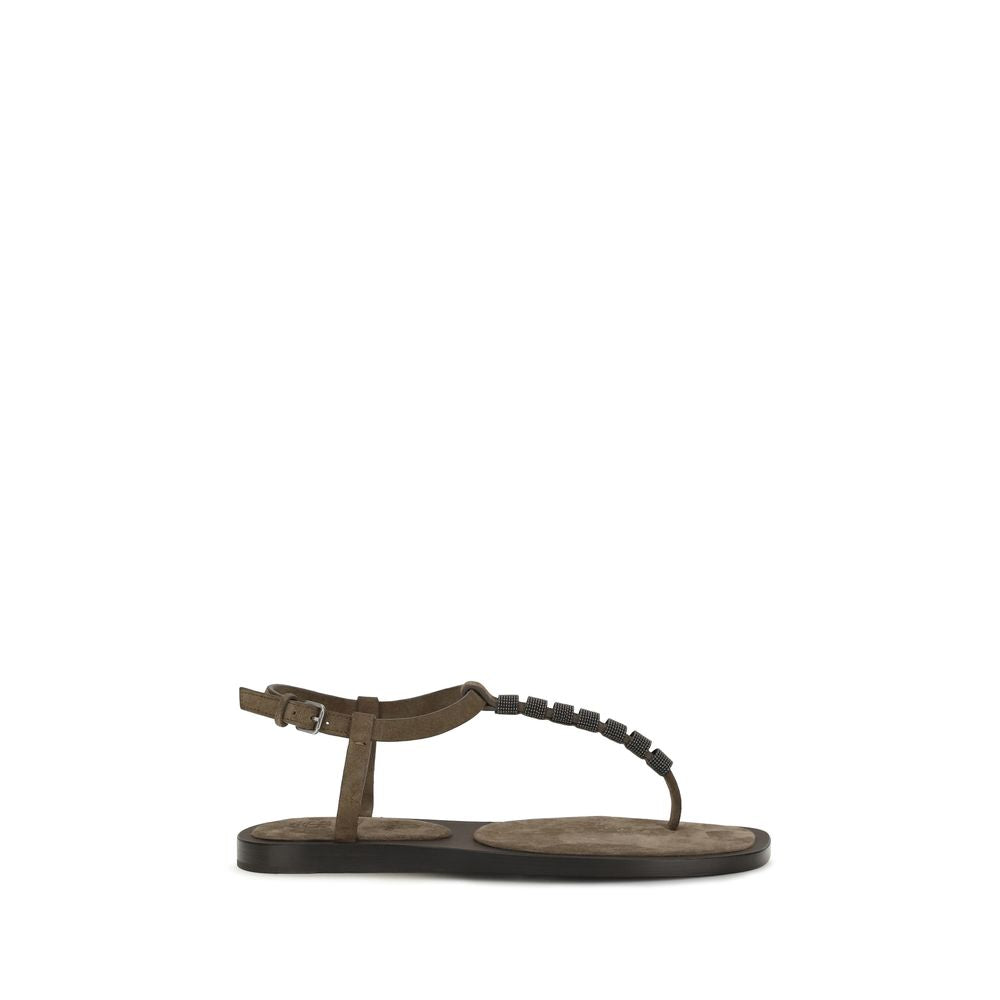 2026 New Arrival Brunello Cucinelli Brown Calf Leather Bos Taurus Flat Sandals