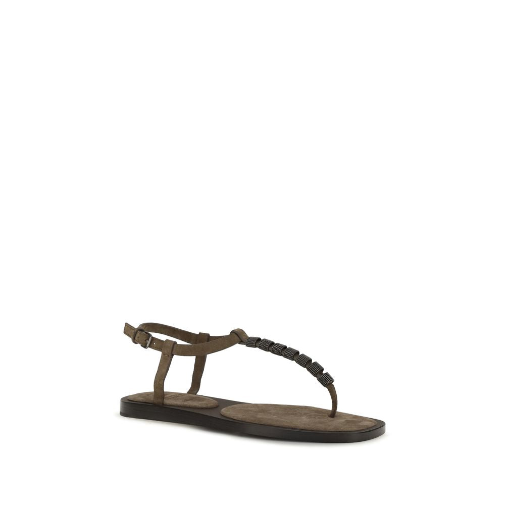 2026 New Arrival Brunello Cucinelli Brown Calf Leather Bos Taurus Flat Sandals