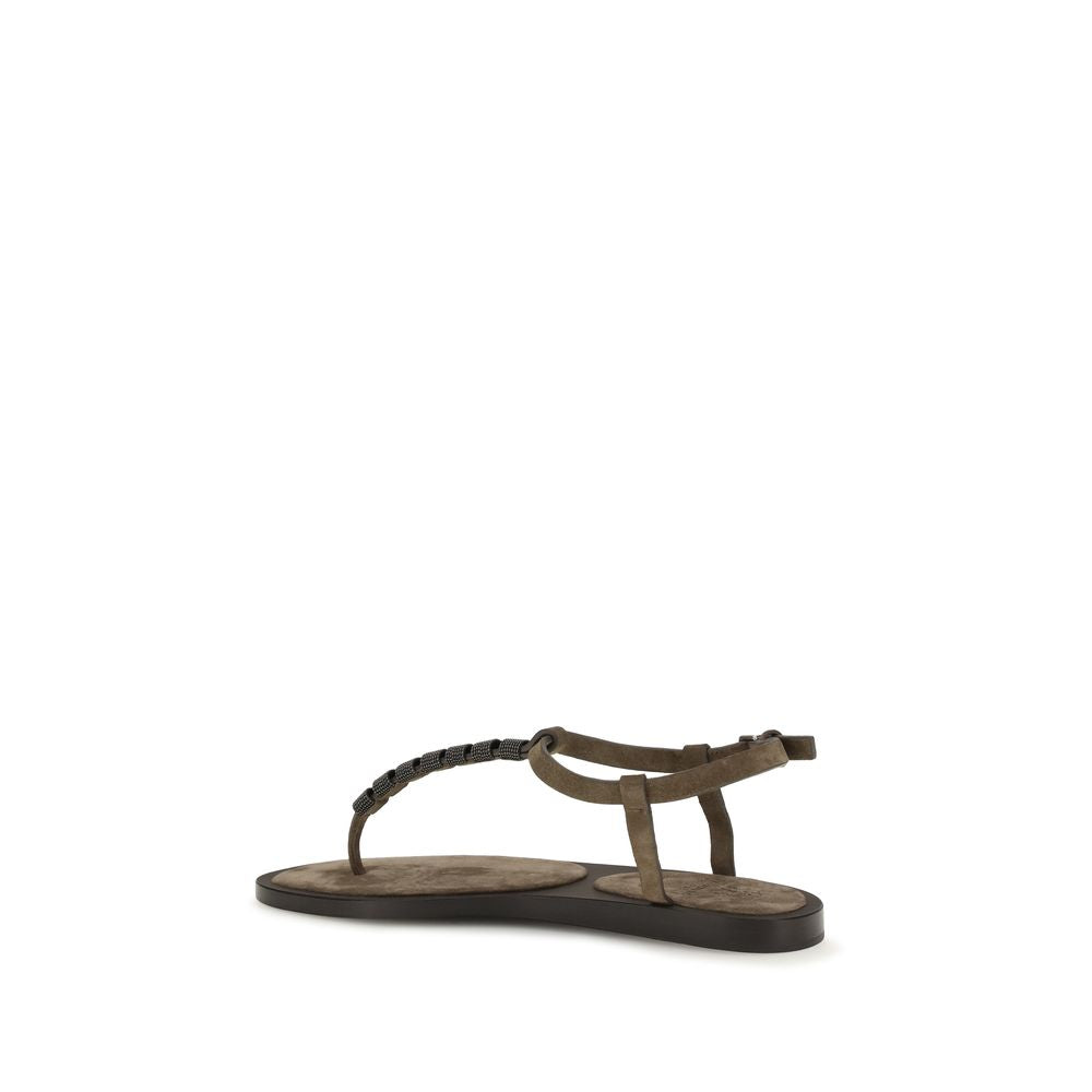 2026 New Arrival Brunello Cucinelli Brown Calf Leather Bos Taurus Flat Sandals