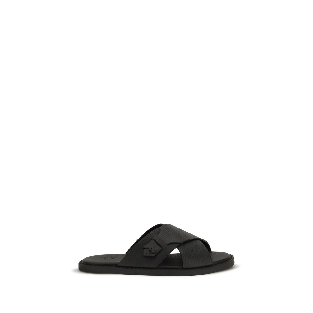 2026 New Arrival Fendi Black Calf Leather Bos Taurus Flat Sandals