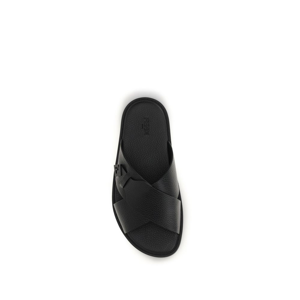 2026 New Arrival Fendi Black Calf Leather Bos Taurus Flat Sandals