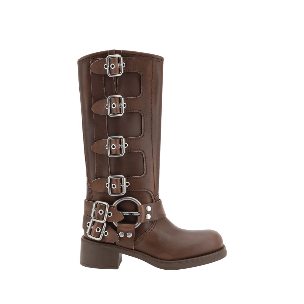 2026 New Arrival Miu Miu Brown Calf Leather Bos Taurus Lace-Up Boots