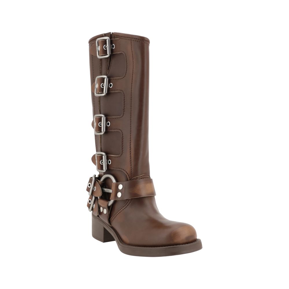 2026 New Arrival Miu Miu Brown Calf Leather Bos Taurus Lace-Up Boots