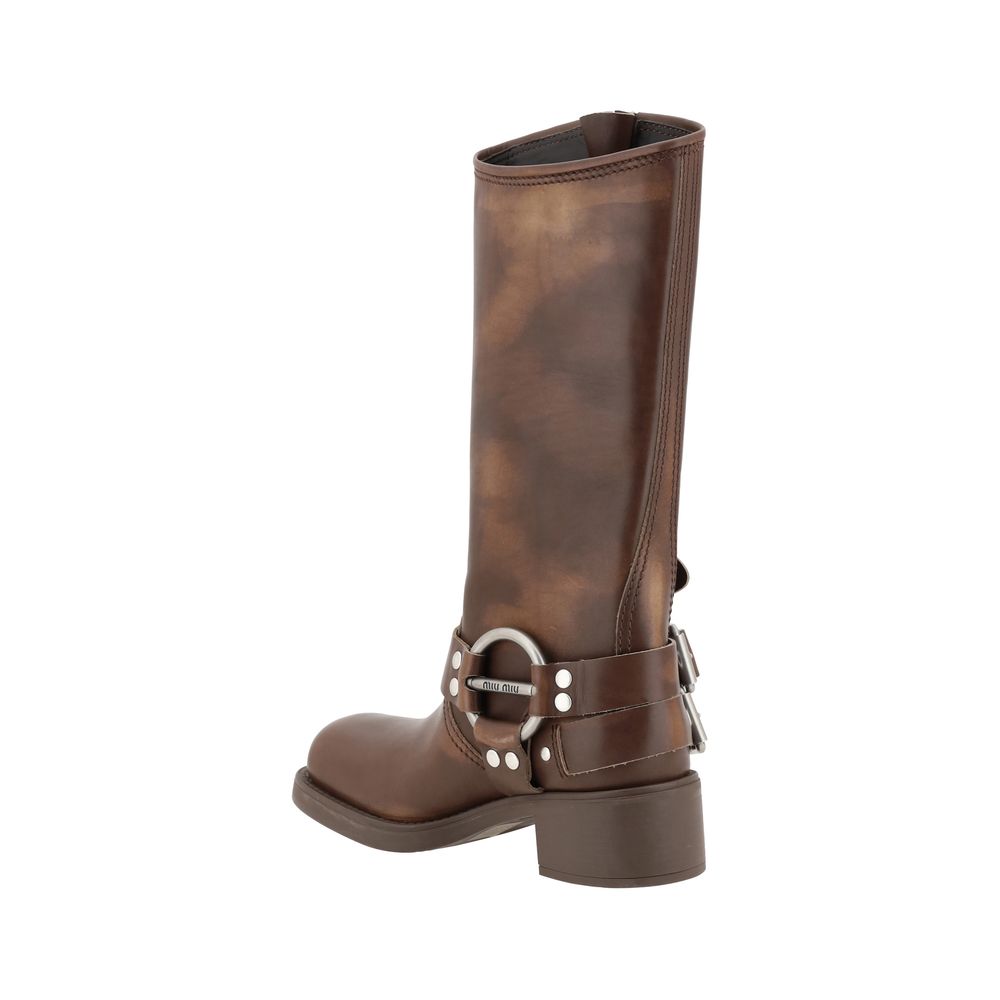 2026 New Arrival Miu Miu Brown Calf Leather Bos Taurus Lace-Up Boots