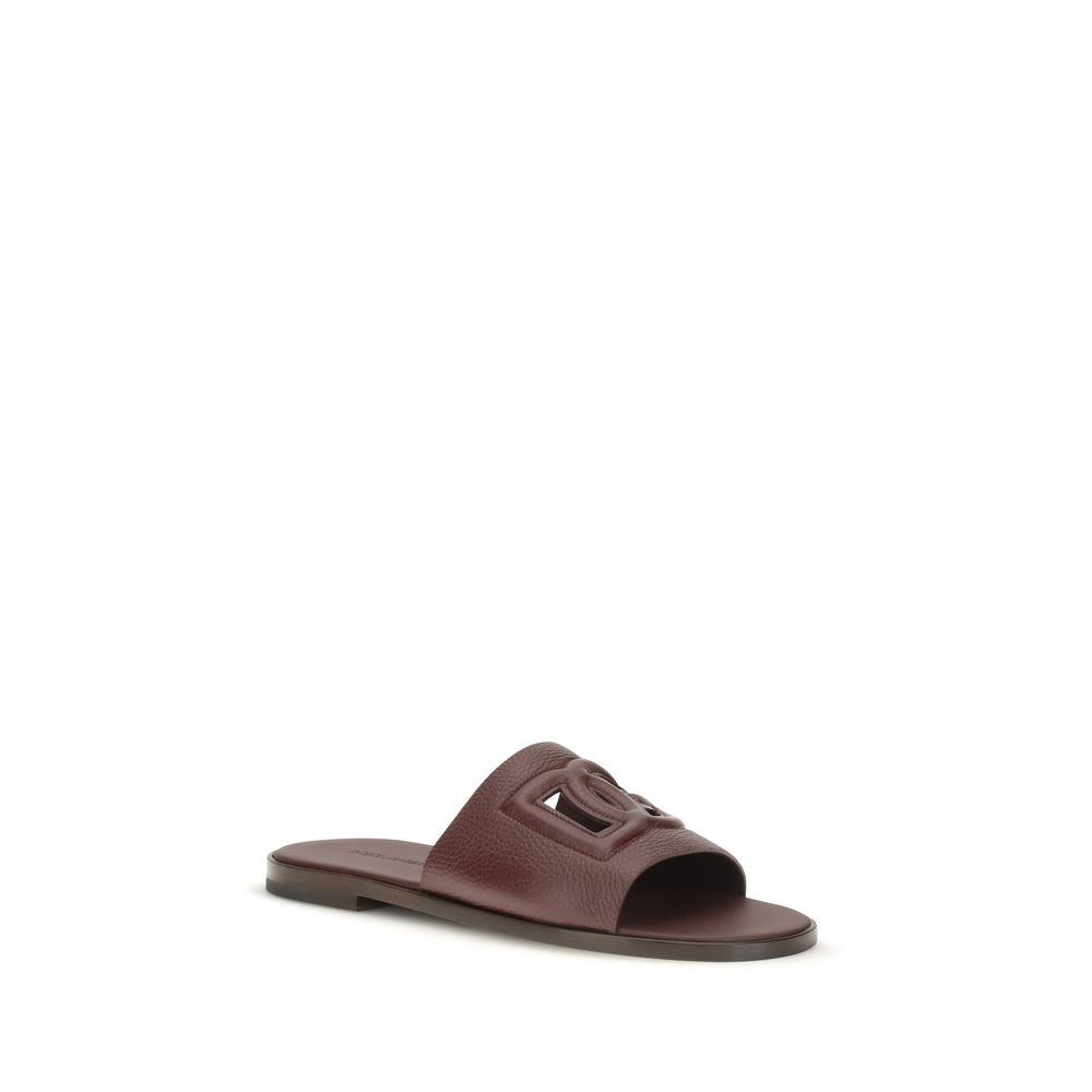 2026 New Arrival Dolce & Gabbana Brown Calf Leather Bos Taurus Flat Sandals