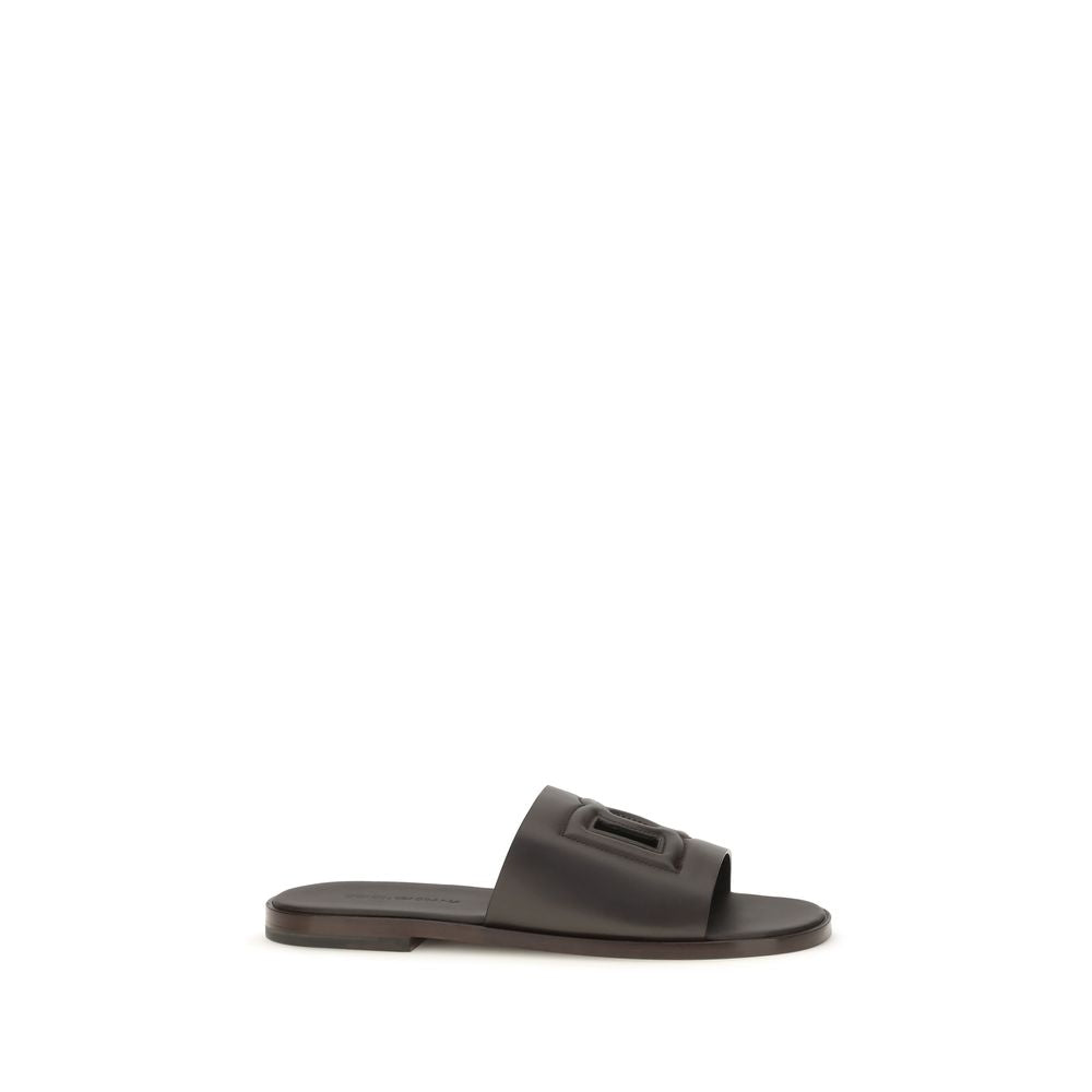2026 New Arrival Dolce & Gabbana Brown Calf Leather Bos Taurus Flat Sandals