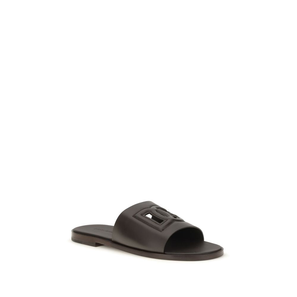 2026 New Arrival Dolce & Gabbana Brown Calf Leather Bos Taurus Flat Sandals