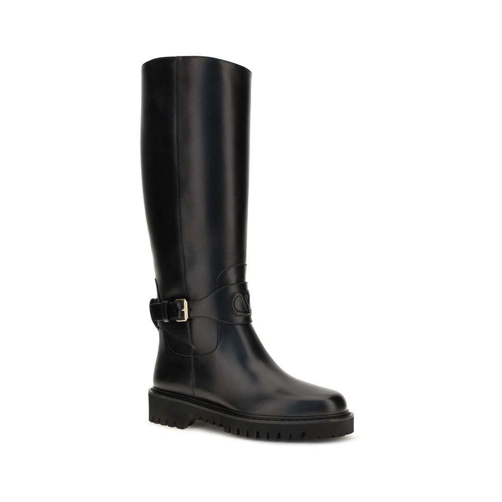 2026 New Arrival Valentino Garavani Black Calf Leather Bos Taurus Flat Boots
