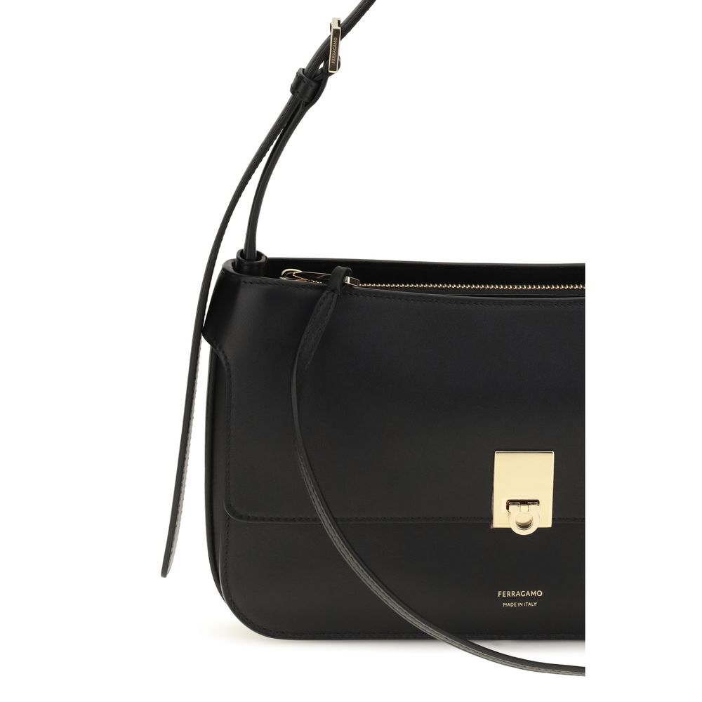 2026 New Arrival Ferragamo Black Calf Leather Bos Taurus Shoulder Bag