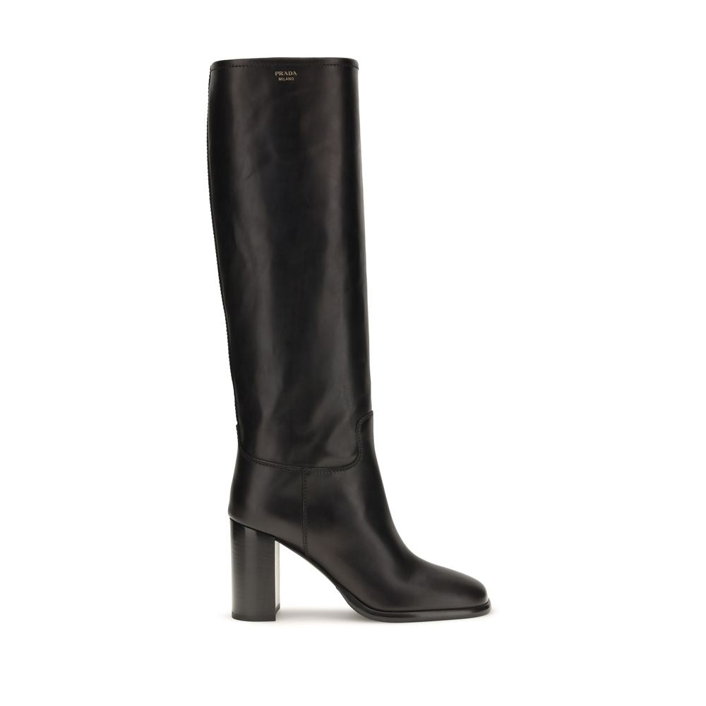 2026 New Arrival Prada Black Calf Leather Bos Taurus High Heel Boots