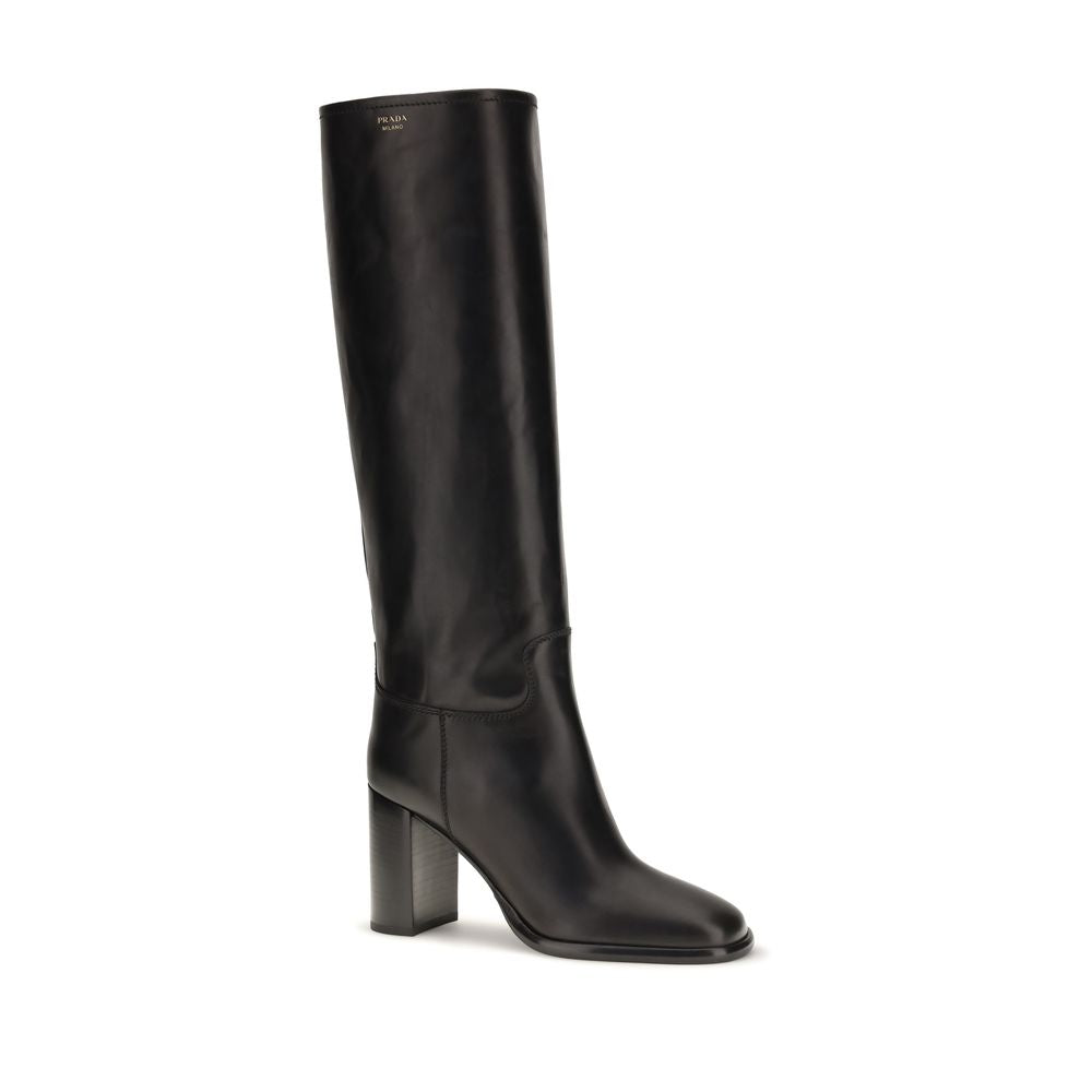 2026 New Arrival Prada Black Calf Leather Bos Taurus High Heel Boots