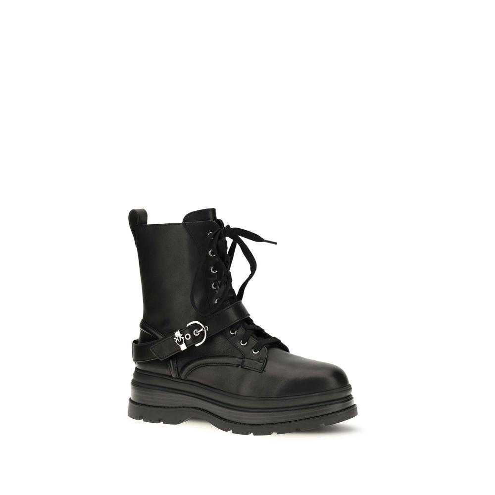 2026 New Arrival PINKO Black Calf Leather Bos Taurus Lace-Up Boots